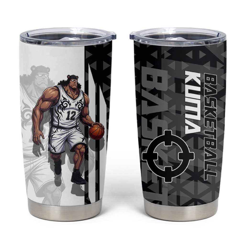 Bartholomew Kuma One Piece Basketball Crossover Design Tumbler Cup with Monochrome Geometric Background and Dynamic Pose - The Mazicc