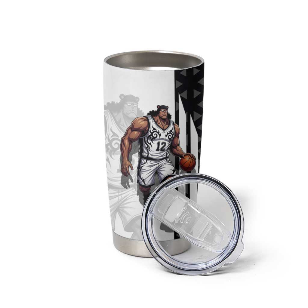 Bartholomew Kuma One Piece Basketball Crossover Design Tumbler Cup with Monochrome Geometric Background and Dynamic Pose - The Mazicc