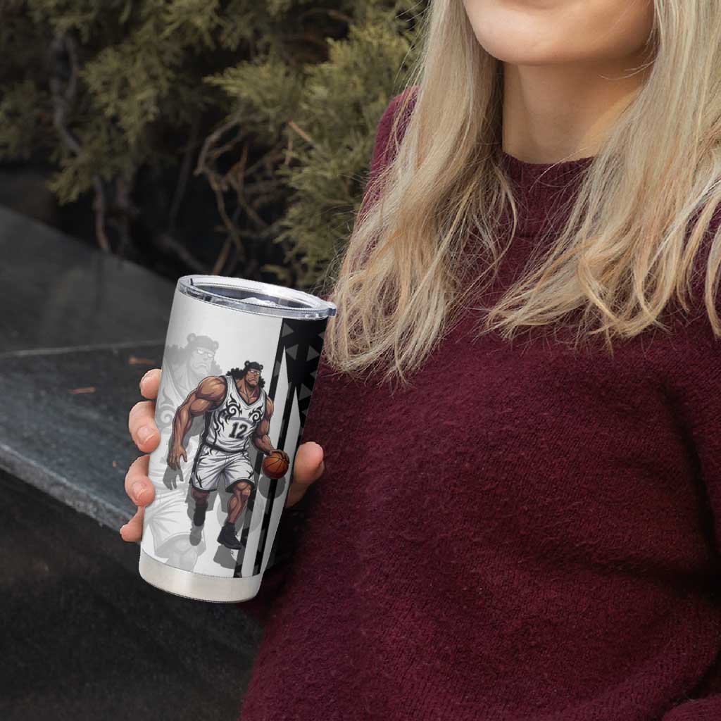 Bartholomew Kuma One Piece Basketball Crossover Design Tumbler Cup with Monochrome Geometric Background and Dynamic Pose - The Mazicc