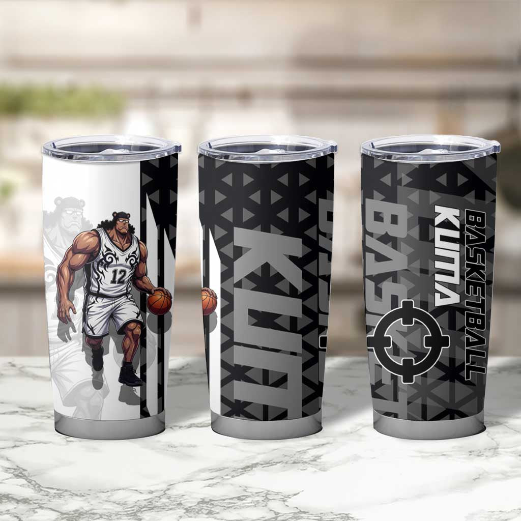 Bartholomew Kuma One Piece Basketball Crossover Design Tumbler Cup with Monochrome Geometric Background and Dynamic Pose - The Mazicc
