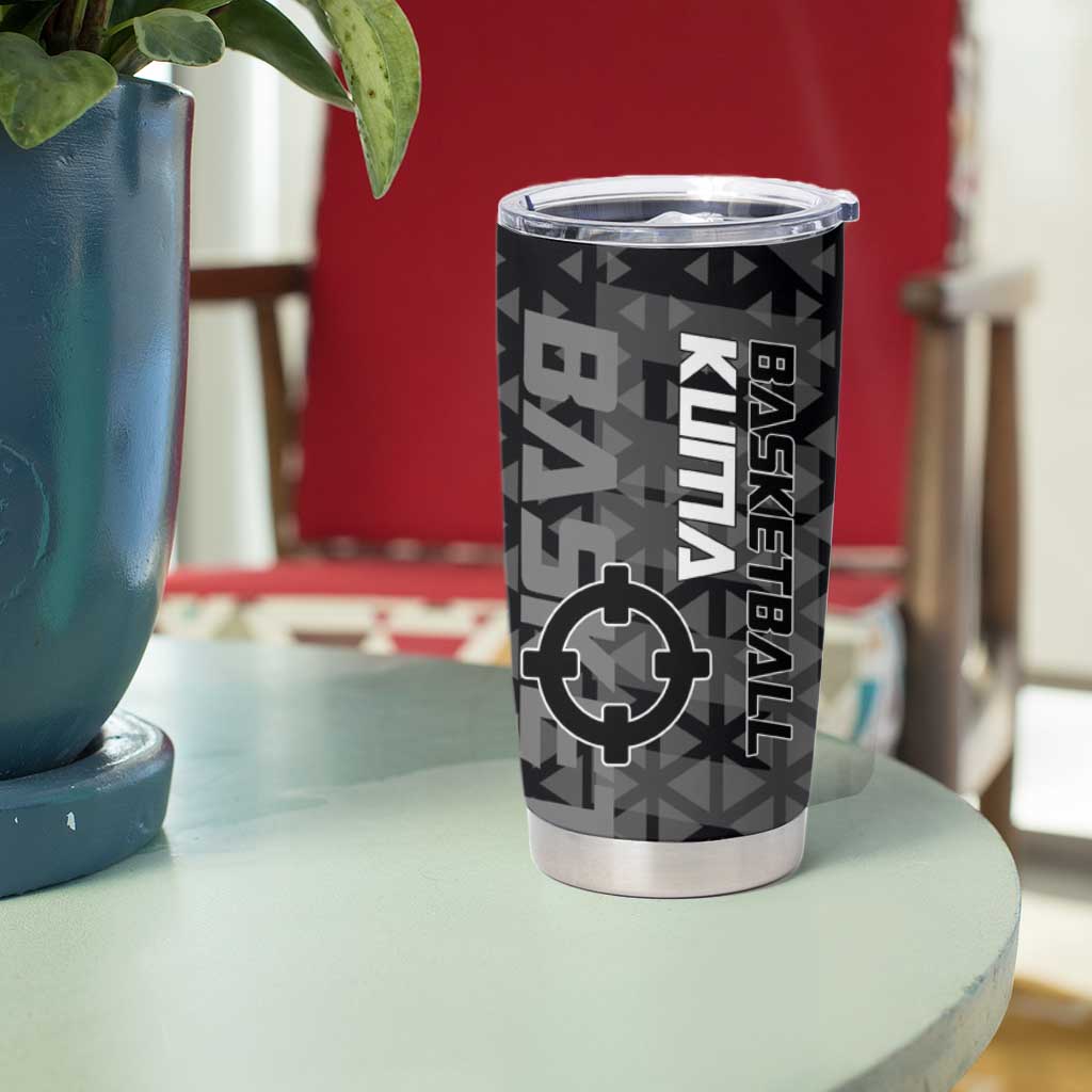Bartholomew Kuma One Piece Basketball Crossover Design Tumbler Cup with Monochrome Geometric Background and Dynamic Pose - The Mazicc