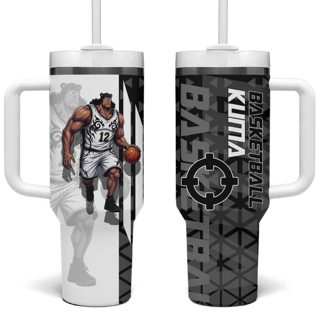 Bartholomew Kuma One Piece Basketball Crossover Design Tumbler With Handle with Monochrome Geometric Background and Dynamic Pose - The Mazicc
