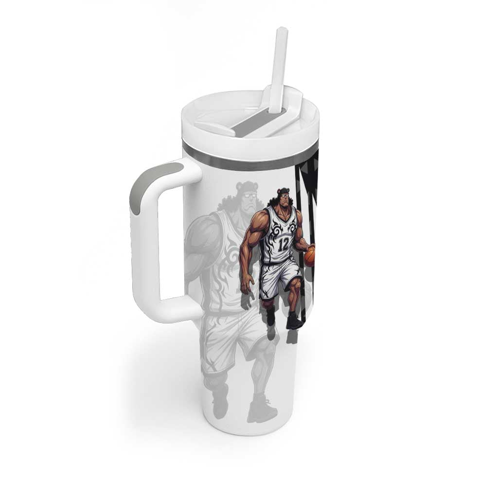 Bartholomew Kuma One Piece Basketball Crossover Design Tumbler With Handle with Monochrome Geometric Background and Dynamic Pose - The Mazicc