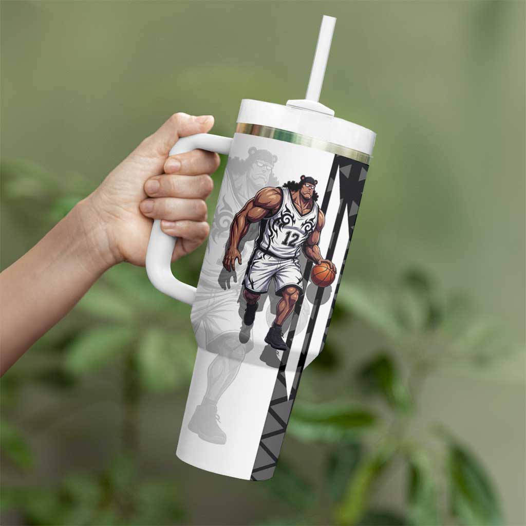 Bartholomew Kuma One Piece Basketball Crossover Design Tumbler With Handle with Monochrome Geometric Background and Dynamic Pose - The Mazicc