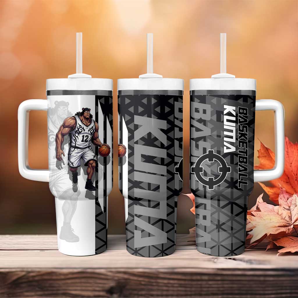 Bartholomew Kuma One Piece Basketball Crossover Design Tumbler With Handle with Monochrome Geometric Background and Dynamic Pose - The Mazicc