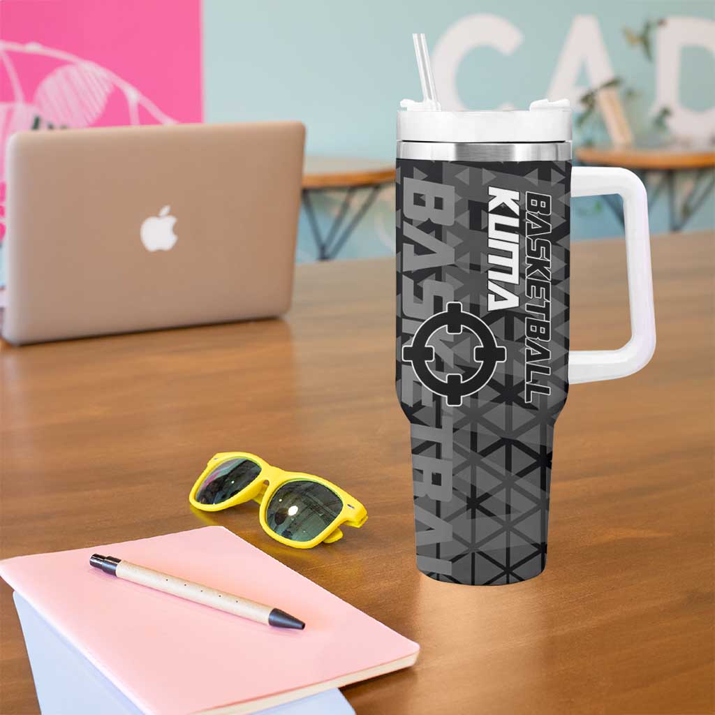 Bartholomew Kuma One Piece Basketball Crossover Design Tumbler With Handle with Monochrome Geometric Background and Dynamic Pose - The Mazicc