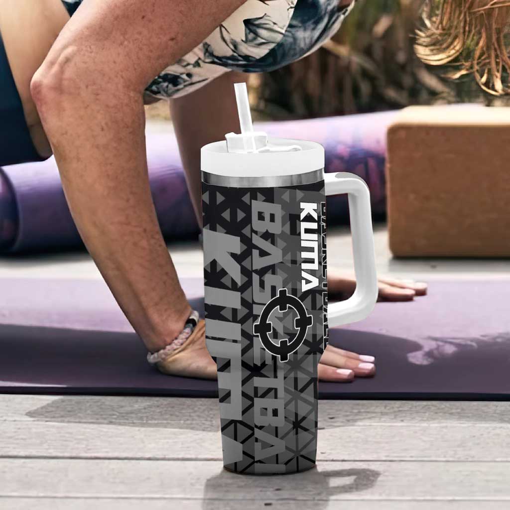 Bartholomew Kuma One Piece Basketball Crossover Design Tumbler With Handle with Monochrome Geometric Background and Dynamic Pose - The Mazicc