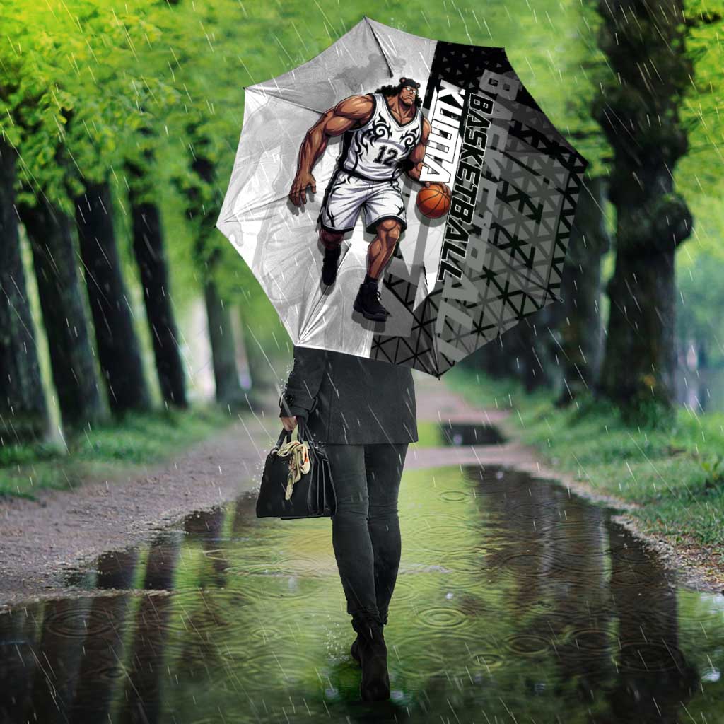 Bartholomew Kuma One Piece Basketball Crossover Design Umbrella with Monochrome Geometric Background and Dynamic Pose - The Mazicc