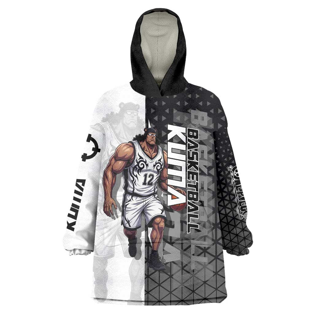 Bartholomew Kuma One Piece Basketball Crossover Design Wearable Blanket Hoodie with Monochrome Geometric Background and Dynamic Pose - The Mazicc