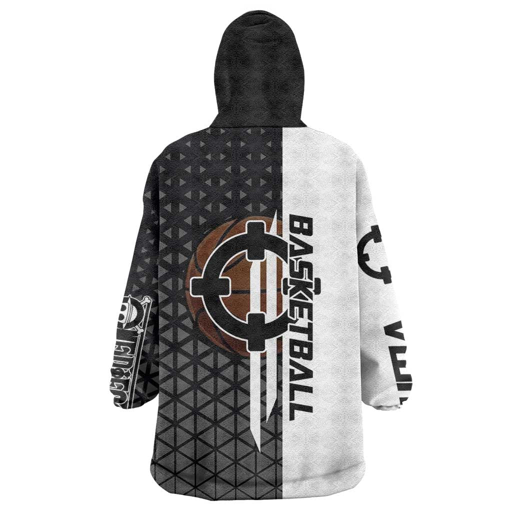 Bartholomew Kuma One Piece Basketball Crossover Design Wearable Blanket Hoodie with Monochrome Geometric Background and Dynamic Pose - The Mazicc
