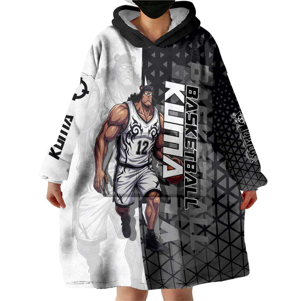 Bartholomew Kuma One Piece Basketball Crossover Design Wearable Blanket Hoodie with Monochrome Geometric Background and Dynamic Pose - The Mazicc