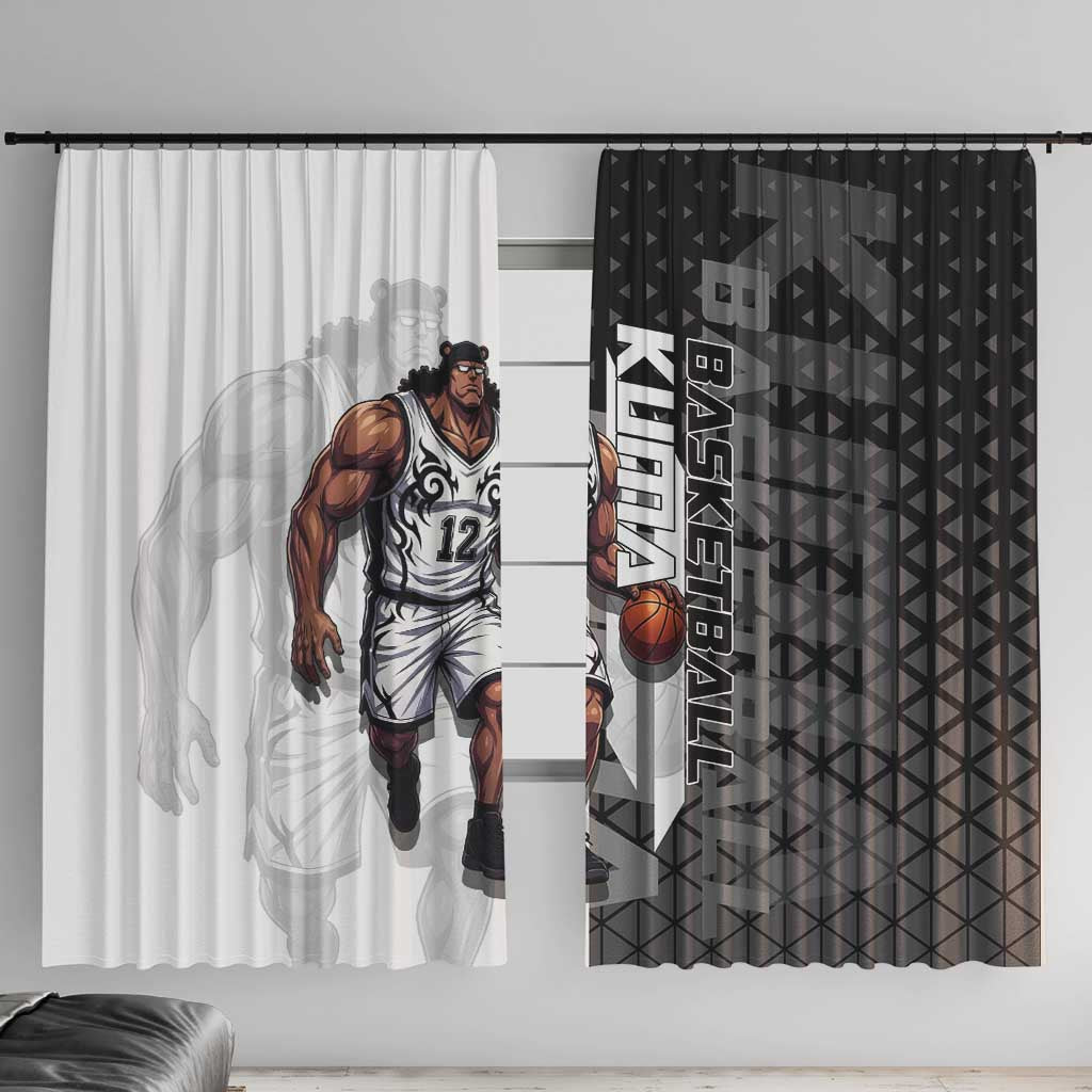 Bartholomew Kuma One Piece Basketball Crossover Design Window Curtain with Monochrome Geometric Background and Dynamic Pose - The Mazicc