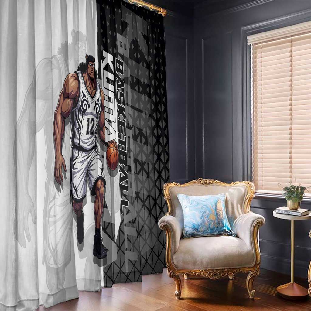 Bartholomew Kuma One Piece Basketball Crossover Design Window Curtain with Monochrome Geometric Background and Dynamic Pose - The Mazicc