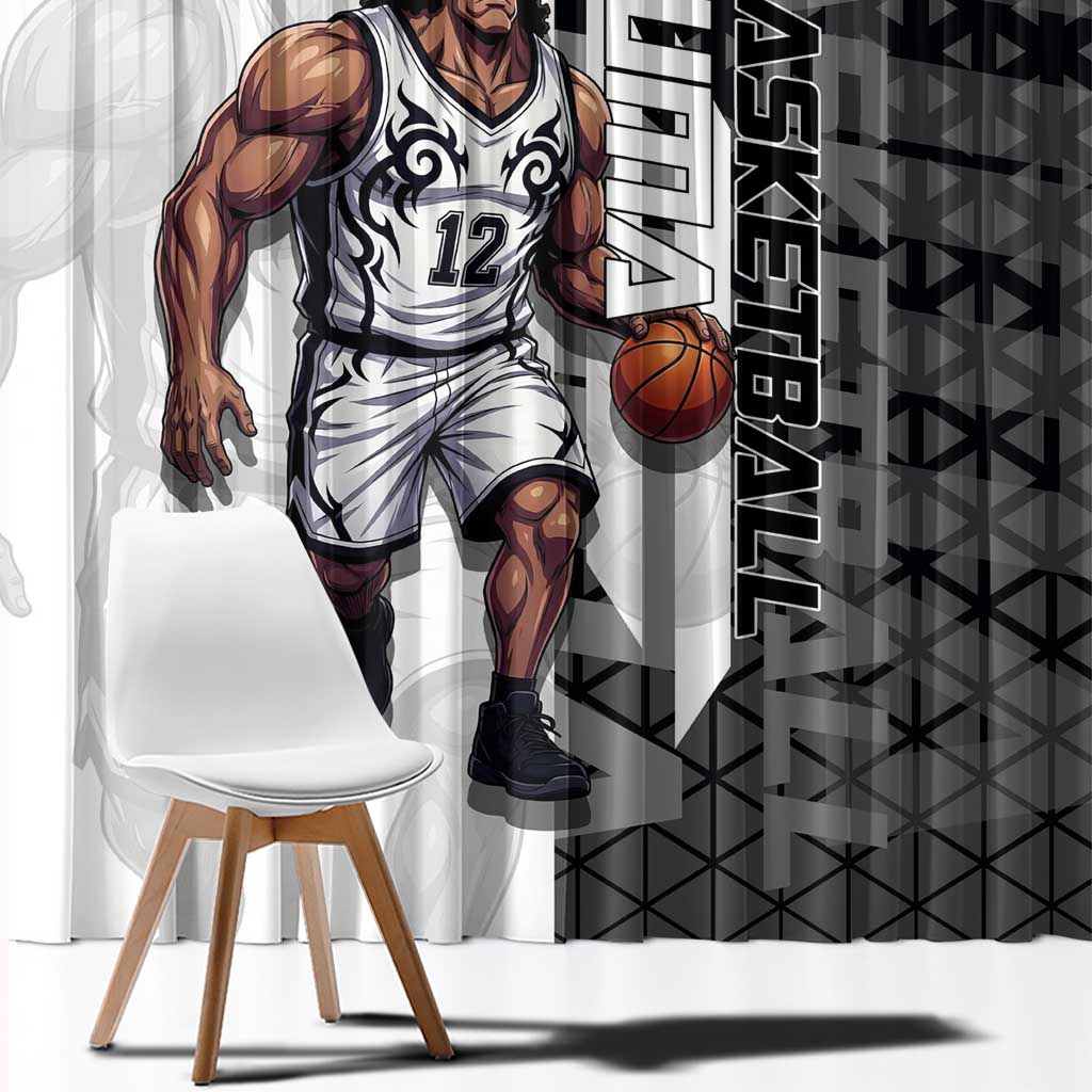 Bartholomew Kuma One Piece Basketball Crossover Design Window Curtain with Monochrome Geometric Background and Dynamic Pose - The Mazicc