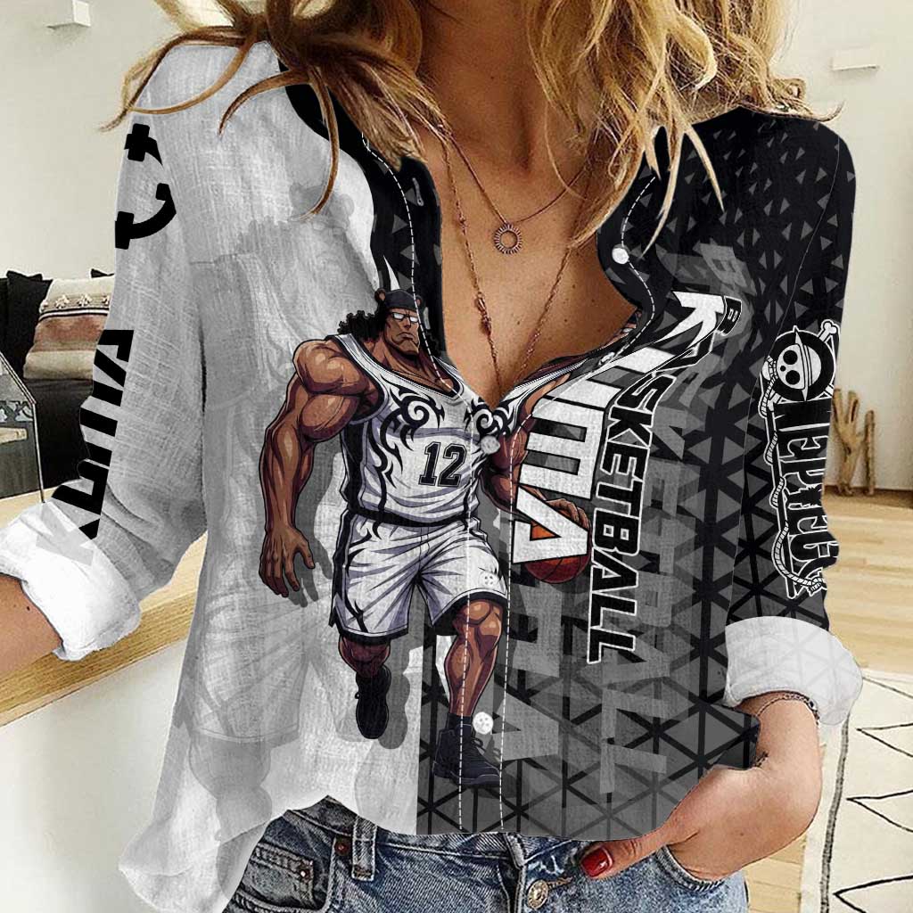 Bartholomew Kuma One Piece Basketball Crossover Design Women Casual Shirt with Monochrome Geometric Background and Dynamic Pose - The Mazicc