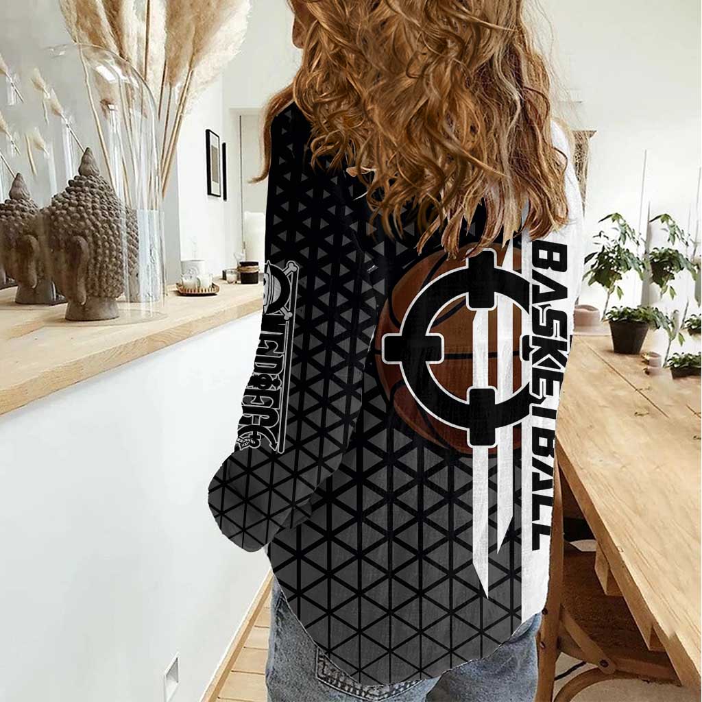 Bartholomew Kuma One Piece Basketball Crossover Design Women Casual Shirt with Monochrome Geometric Background and Dynamic Pose - The Mazicc