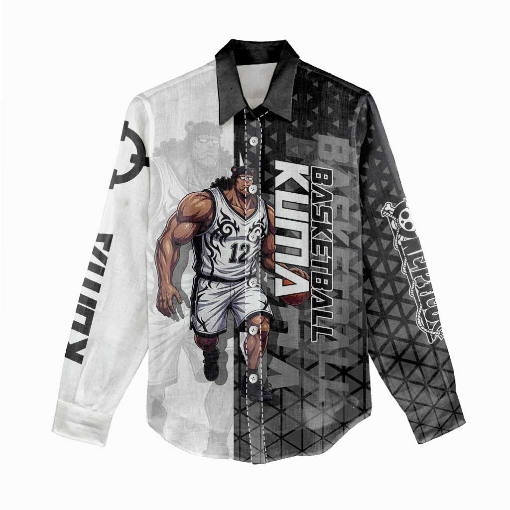 Bartholomew Kuma One Piece Basketball Crossover Design Women Casual Shirt with Monochrome Geometric Background and Dynamic Pose - The Mazicc
