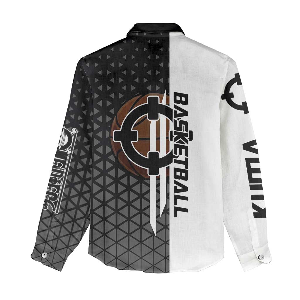 Bartholomew Kuma One Piece Basketball Crossover Design Women Casual Shirt with Monochrome Geometric Background and Dynamic Pose - The Mazicc