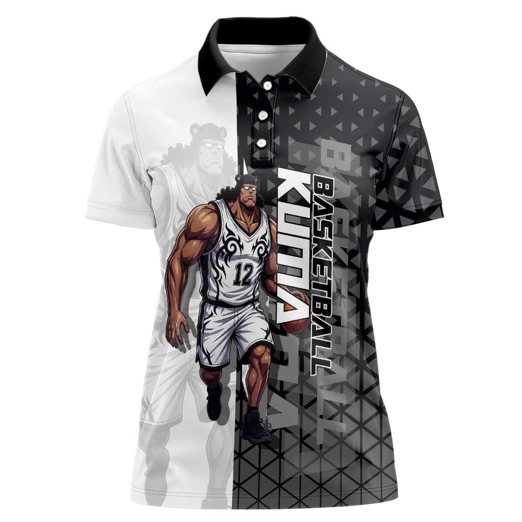 Bartholomew Kuma One Piece Basketball Crossover Design Women Polo Shirt with Monochrome Geometric Background and Dynamic Pose - The Mazicc