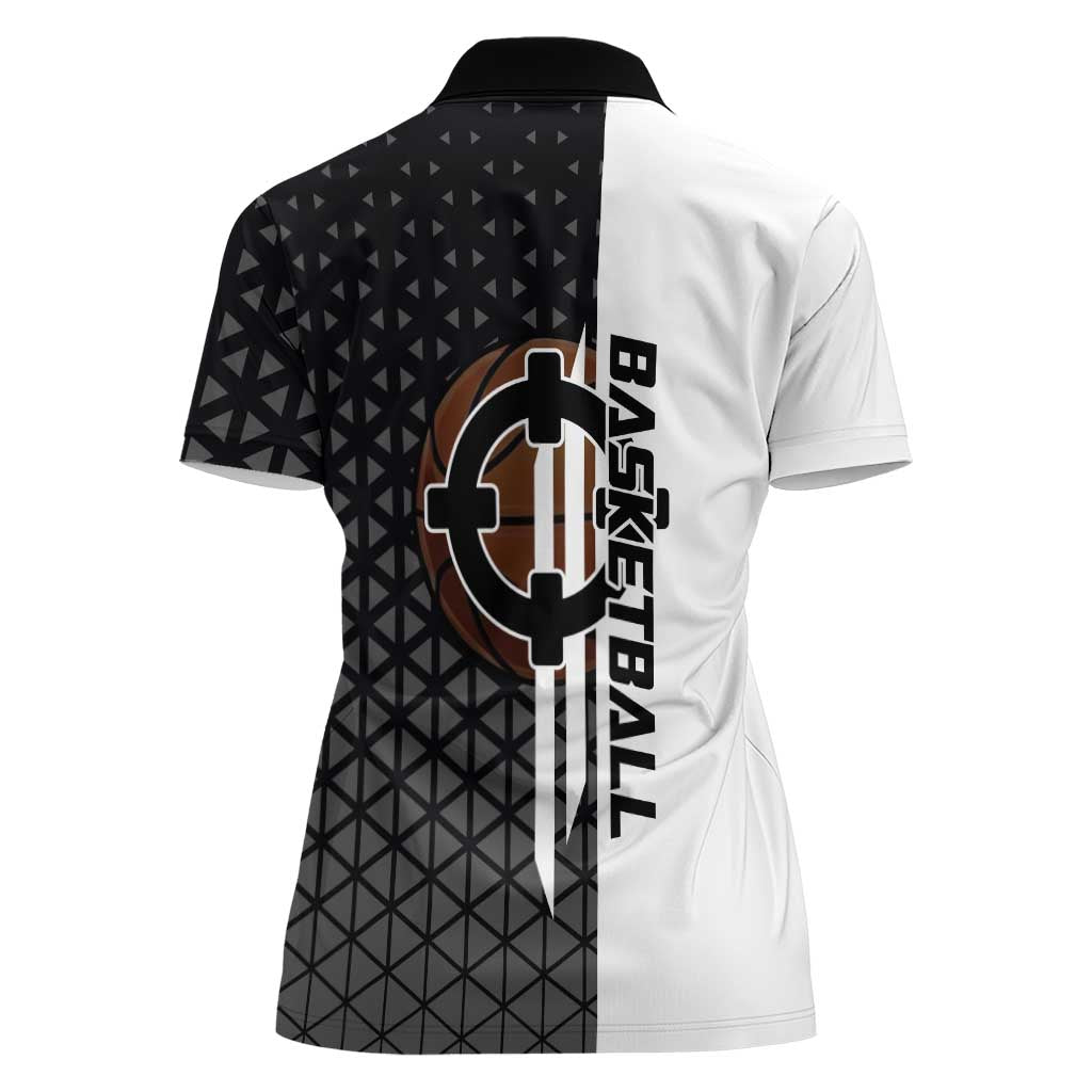 Bartholomew Kuma One Piece Basketball Crossover Design Women Polo Shirt with Monochrome Geometric Background and Dynamic Pose - The Mazicc
