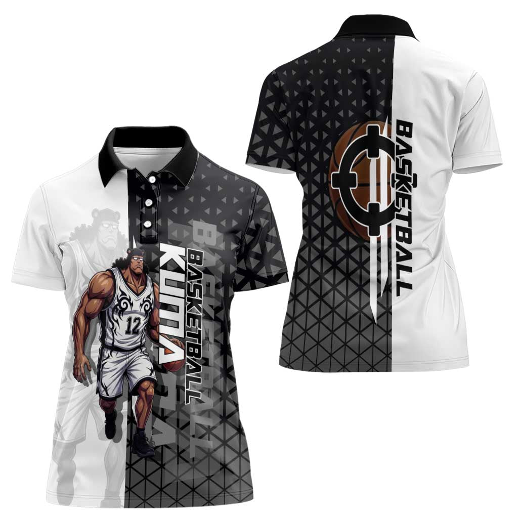 Bartholomew Kuma One Piece Basketball Crossover Design Women Polo Shirt with Monochrome Geometric Background and Dynamic Pose - The Mazicc