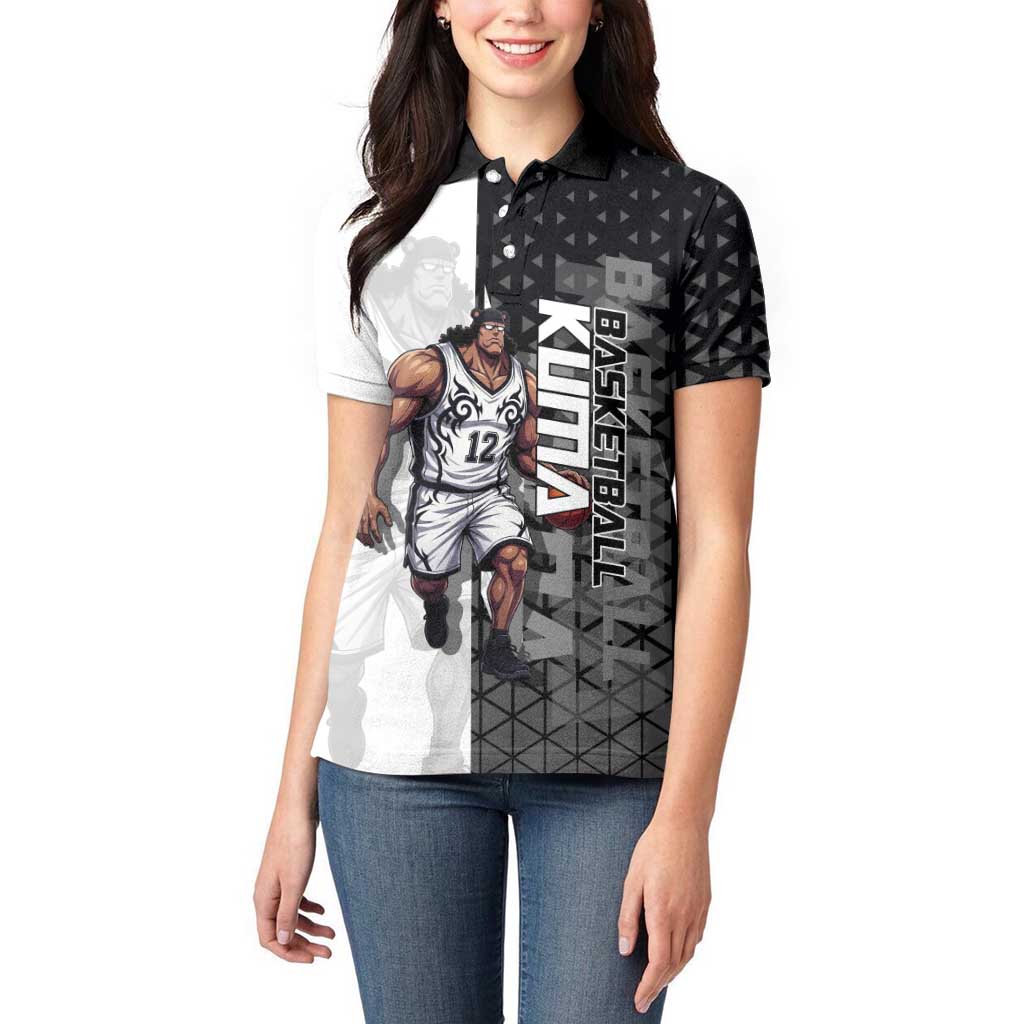 Bartholomew Kuma One Piece Basketball Crossover Design Women Polo Shirt with Monochrome Geometric Background and Dynamic Pose - The Mazicc