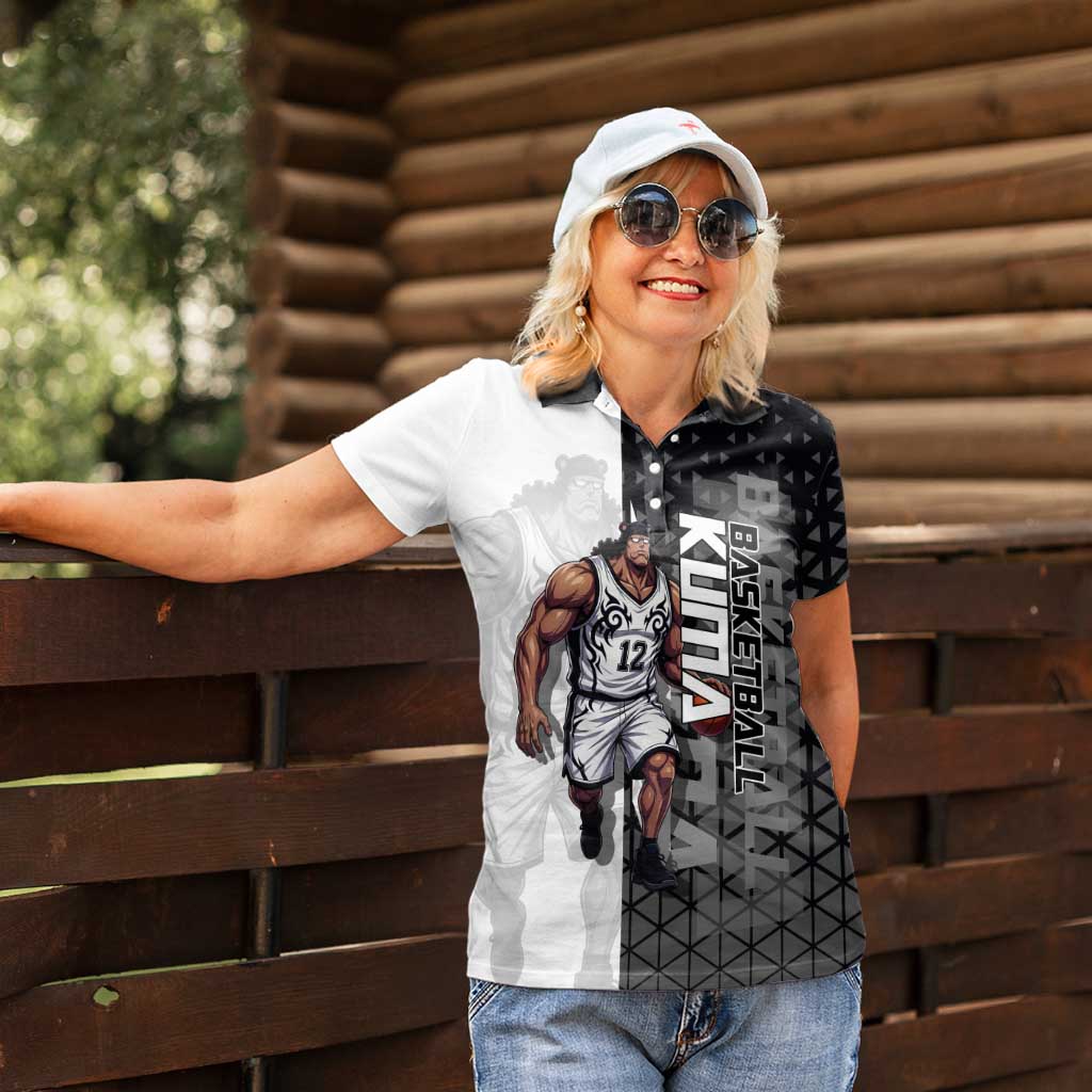 Bartholomew Kuma One Piece Basketball Crossover Design Women Polo Shirt with Monochrome Geometric Background and Dynamic Pose - The Mazicc