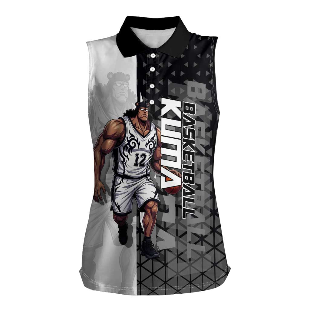 Bartholomew Kuma One Piece Basketball Crossover Design Women Sleeveless Polo Shirt with Monochrome Geometric Background and Dynamic Pose - The Mazicc