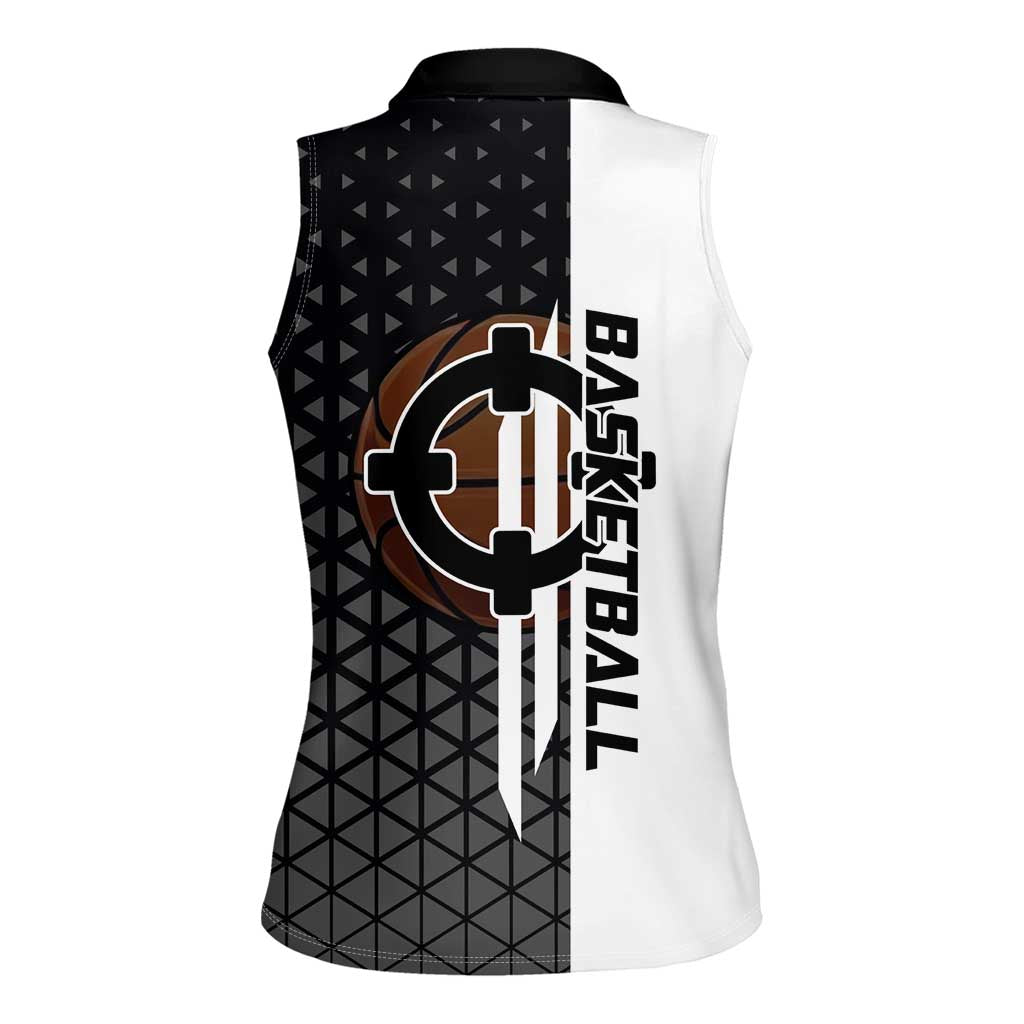 Bartholomew Kuma One Piece Basketball Crossover Design Women Sleeveless Polo Shirt with Monochrome Geometric Background and Dynamic Pose - The Mazicc