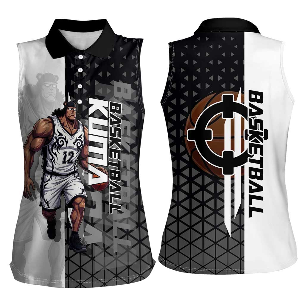 Bartholomew Kuma One Piece Basketball Crossover Design Women Sleeveless Polo Shirt with Monochrome Geometric Background and Dynamic Pose - The Mazicc
