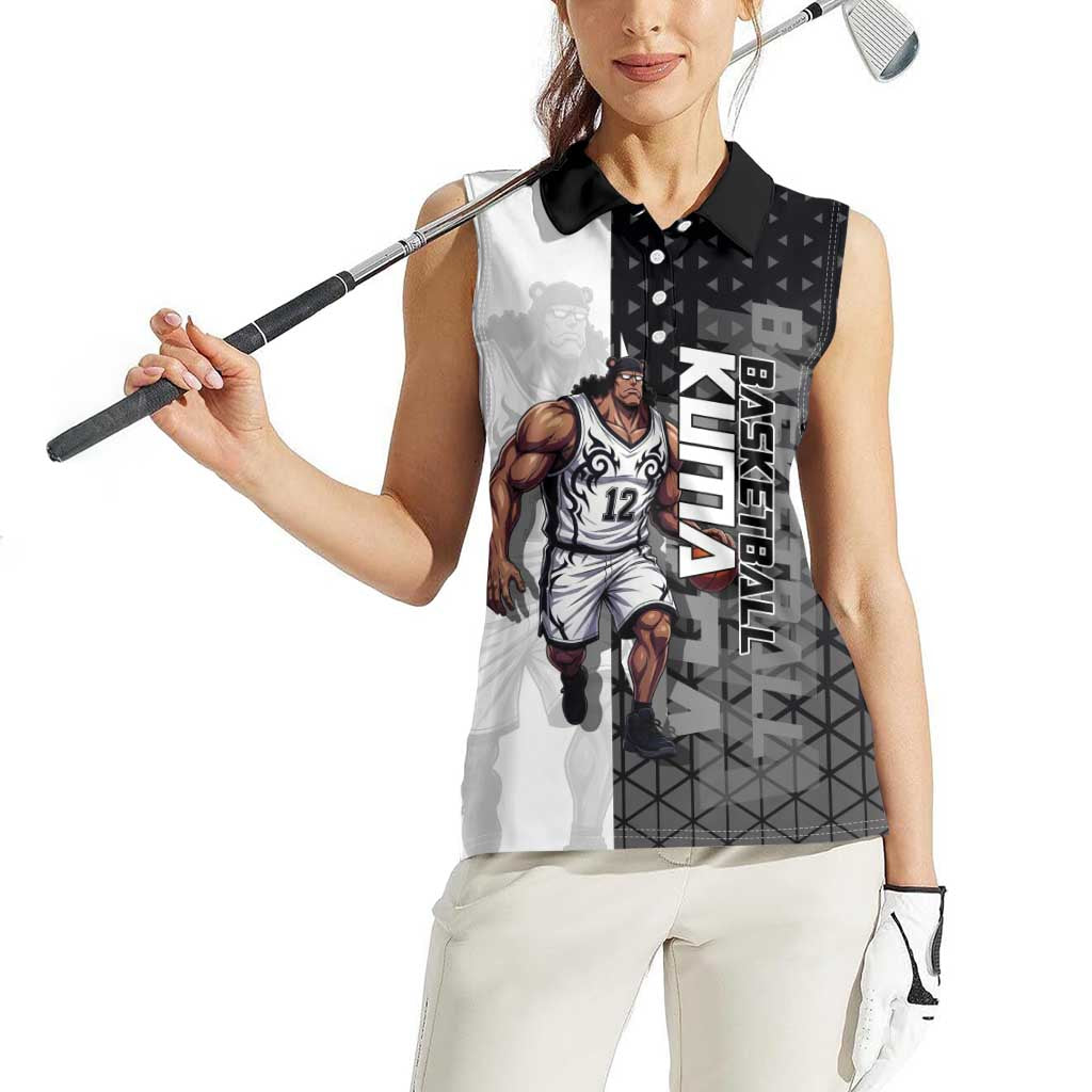 Bartholomew Kuma One Piece Basketball Crossover Design Women Sleeveless Polo Shirt with Monochrome Geometric Background and Dynamic Pose - The Mazicc