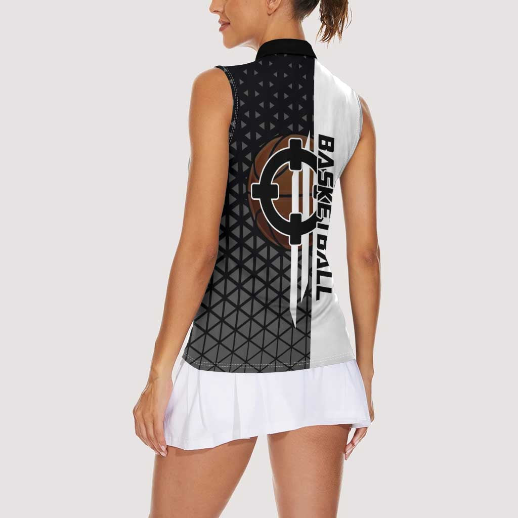 Bartholomew Kuma One Piece Basketball Crossover Design Women Sleeveless Polo Shirt with Monochrome Geometric Background and Dynamic Pose - The Mazicc
