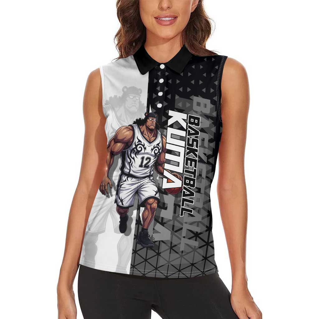 Bartholomew Kuma One Piece Basketball Crossover Design Women Sleeveless Polo Shirt with Monochrome Geometric Background and Dynamic Pose - The Mazicc