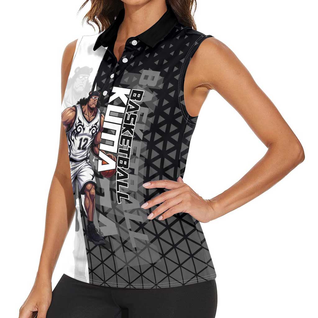 Bartholomew Kuma One Piece Basketball Crossover Design Women Sleeveless Polo Shirt with Monochrome Geometric Background and Dynamic Pose - The Mazicc