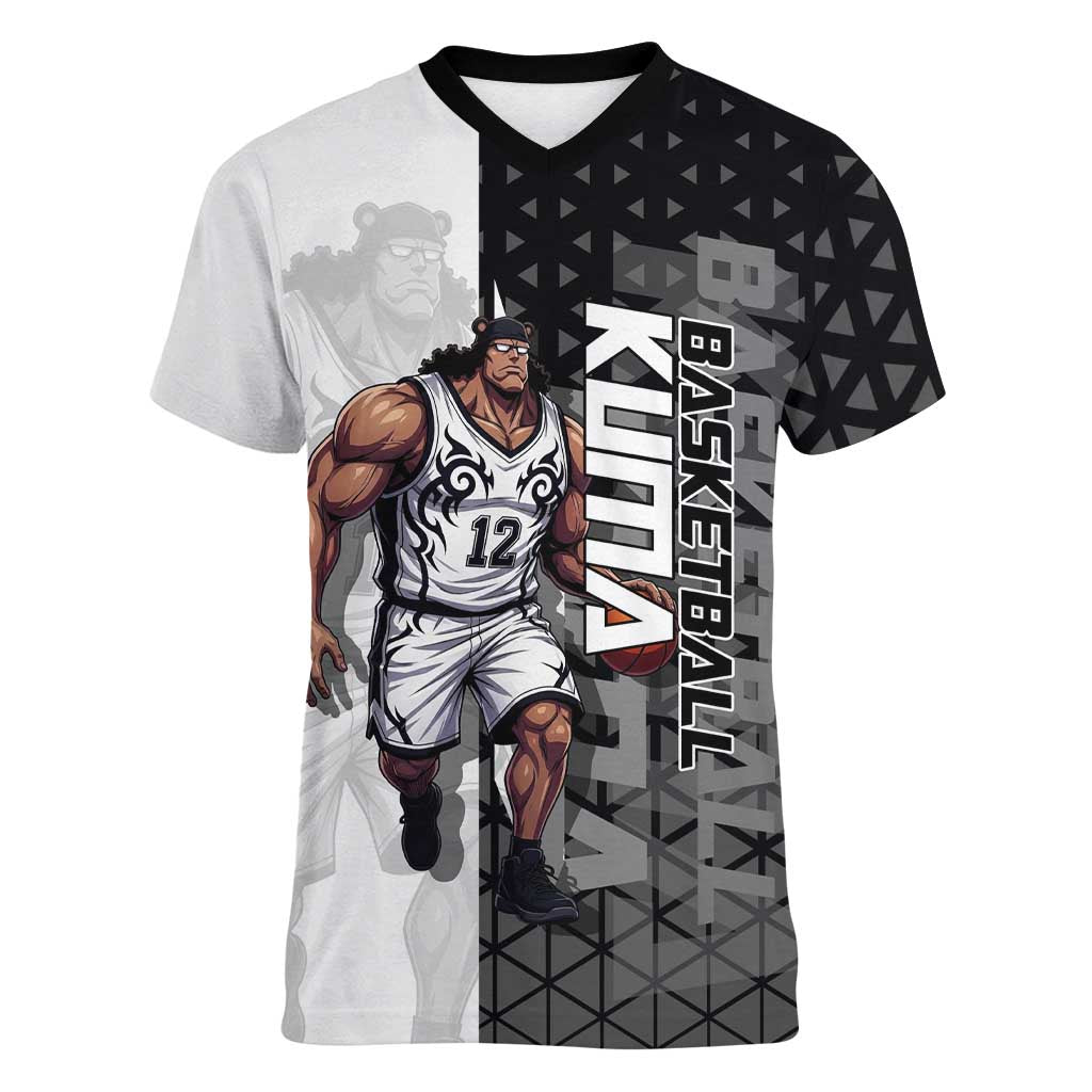 Bartholomew Kuma One Piece Basketball Crossover Design Women V-Neck T-Shirt with Monochrome Geometric Background and Dynamic Pose - The Mazicc