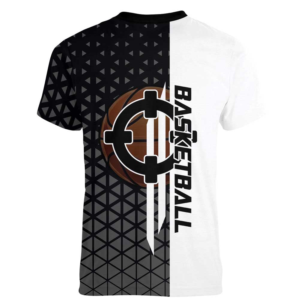 Bartholomew Kuma One Piece Basketball Crossover Design Women V-Neck T-Shirt with Monochrome Geometric Background and Dynamic Pose - The Mazicc