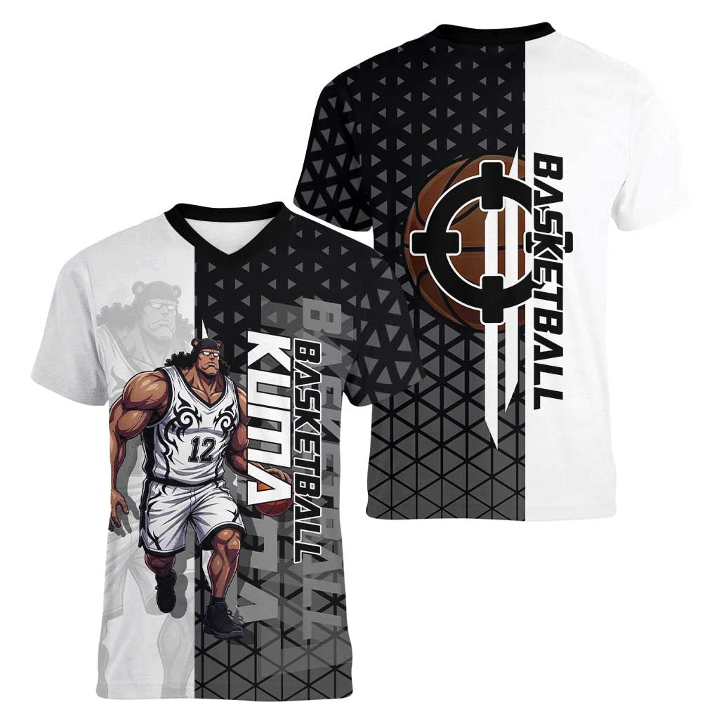 Bartholomew Kuma One Piece Basketball Crossover Design Women V-Neck T-Shirt with Monochrome Geometric Background and Dynamic Pose - The Mazicc