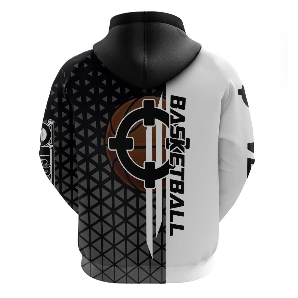 Bartholomew Kuma One Piece Basketball Crossover Design Zip Hoodie with Monochrome Geometric Background and Dynamic Pose - The Mazicc