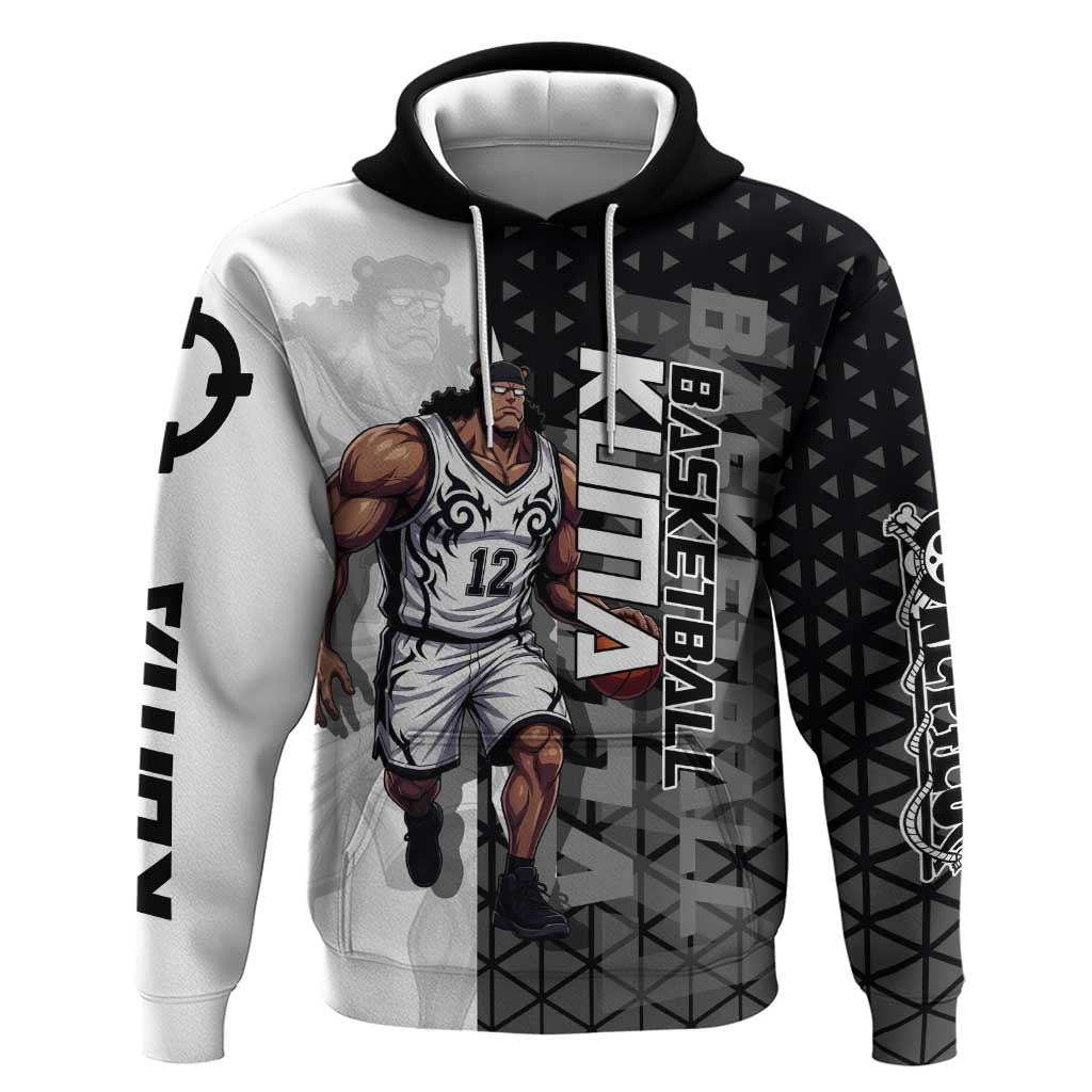 Bartholomew Kuma One Piece Basketball Crossover Design Zip Hoodie with Monochrome Geometric Background and Dynamic Pose - The Mazicc