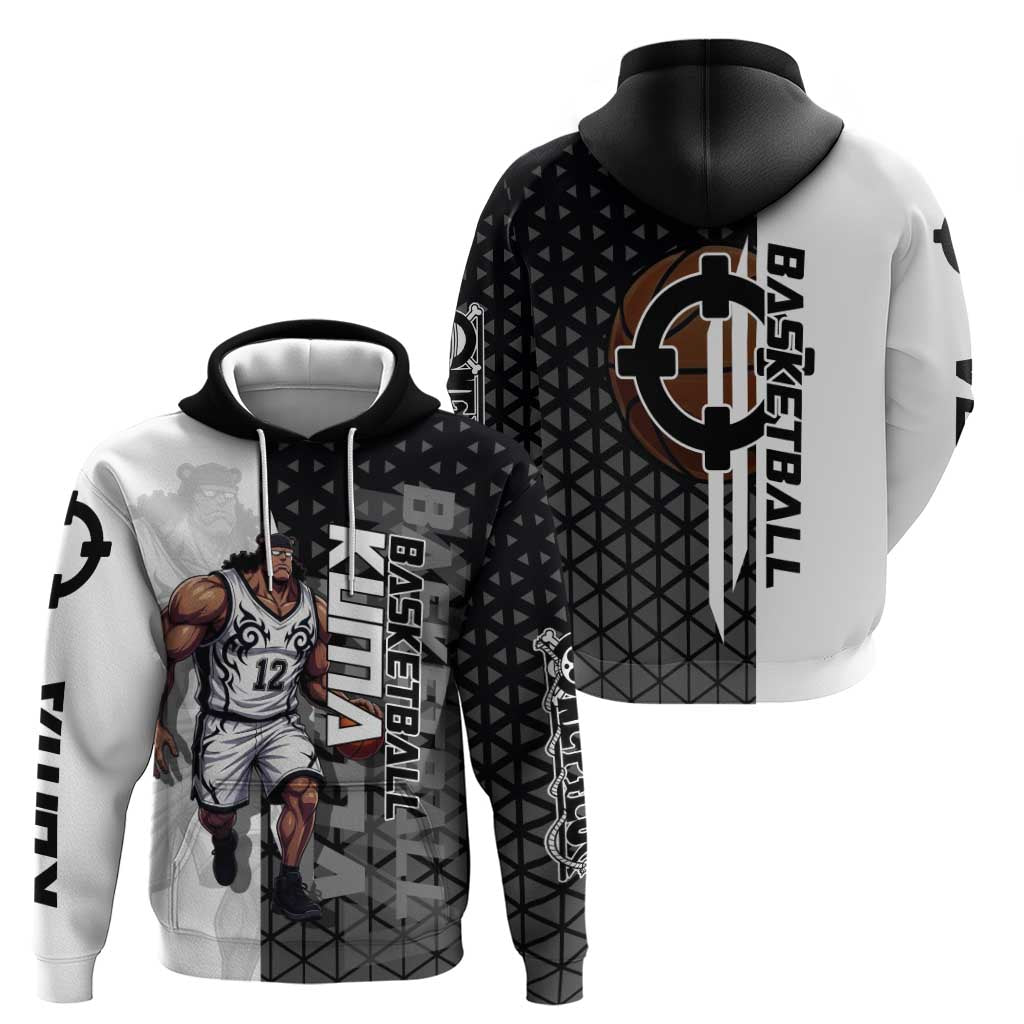 Bartholomew Kuma One Piece Basketball Crossover Design Zip Hoodie with Monochrome Geometric Background and Dynamic Pose - The Mazicc