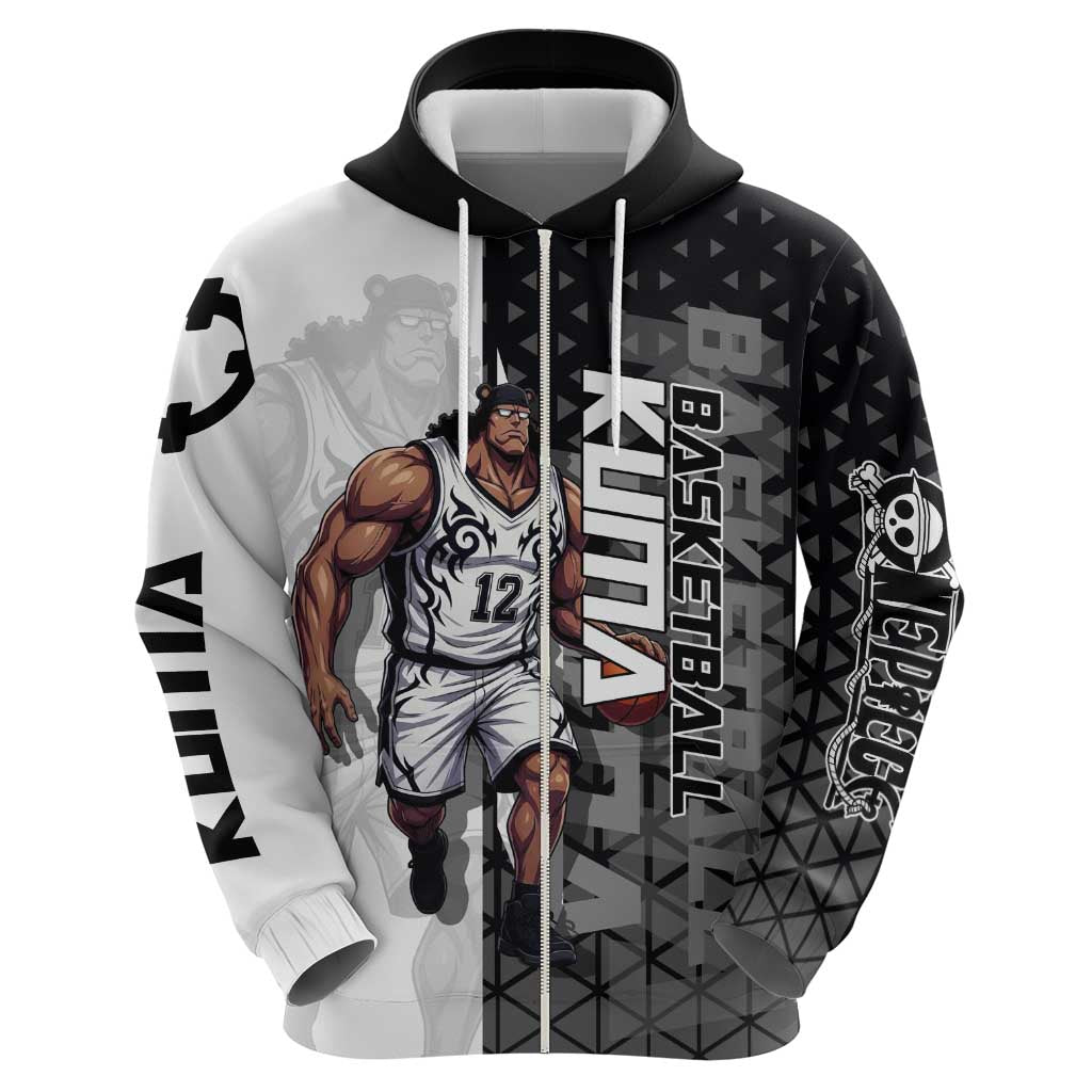 Bartholomew Kuma One Piece Basketball Crossover Design Zip Hoodie with Monochrome Geometric Background and Dynamic Pose - The Mazicc
