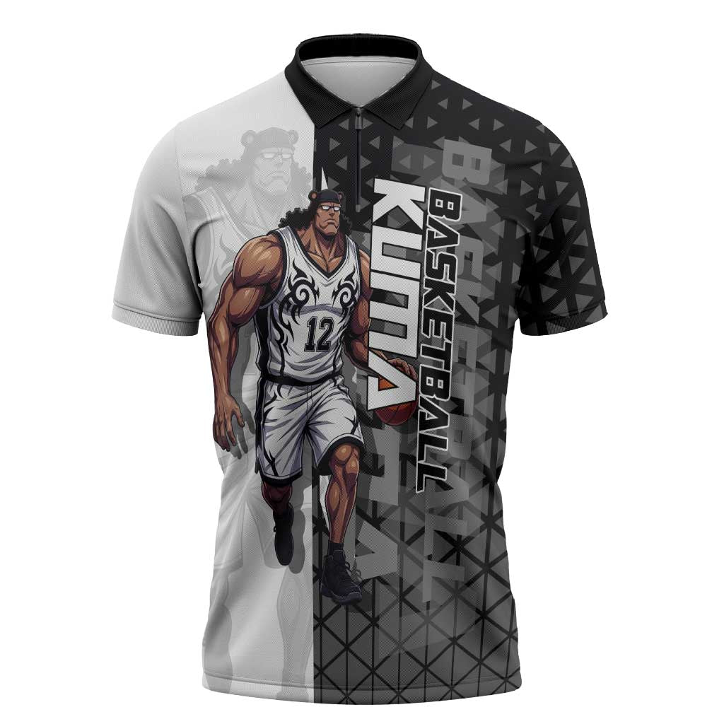 Bartholomew Kuma One Piece Basketball Crossover Design Zipper Polo Shirt with Monochrome Geometric Background and Dynamic Pose - The Mazicc
