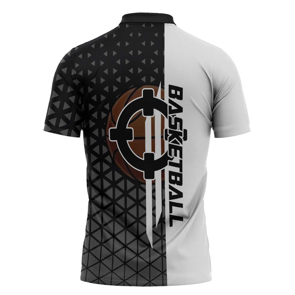 Bartholomew Kuma One Piece Basketball Crossover Design Zipper Polo Shirt with Monochrome Geometric Background and Dynamic Pose - The Mazicc