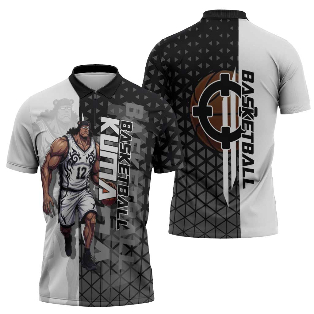 Bartholomew Kuma One Piece Basketball Crossover Design Zipper Polo Shirt with Monochrome Geometric Background and Dynamic Pose - The Mazicc