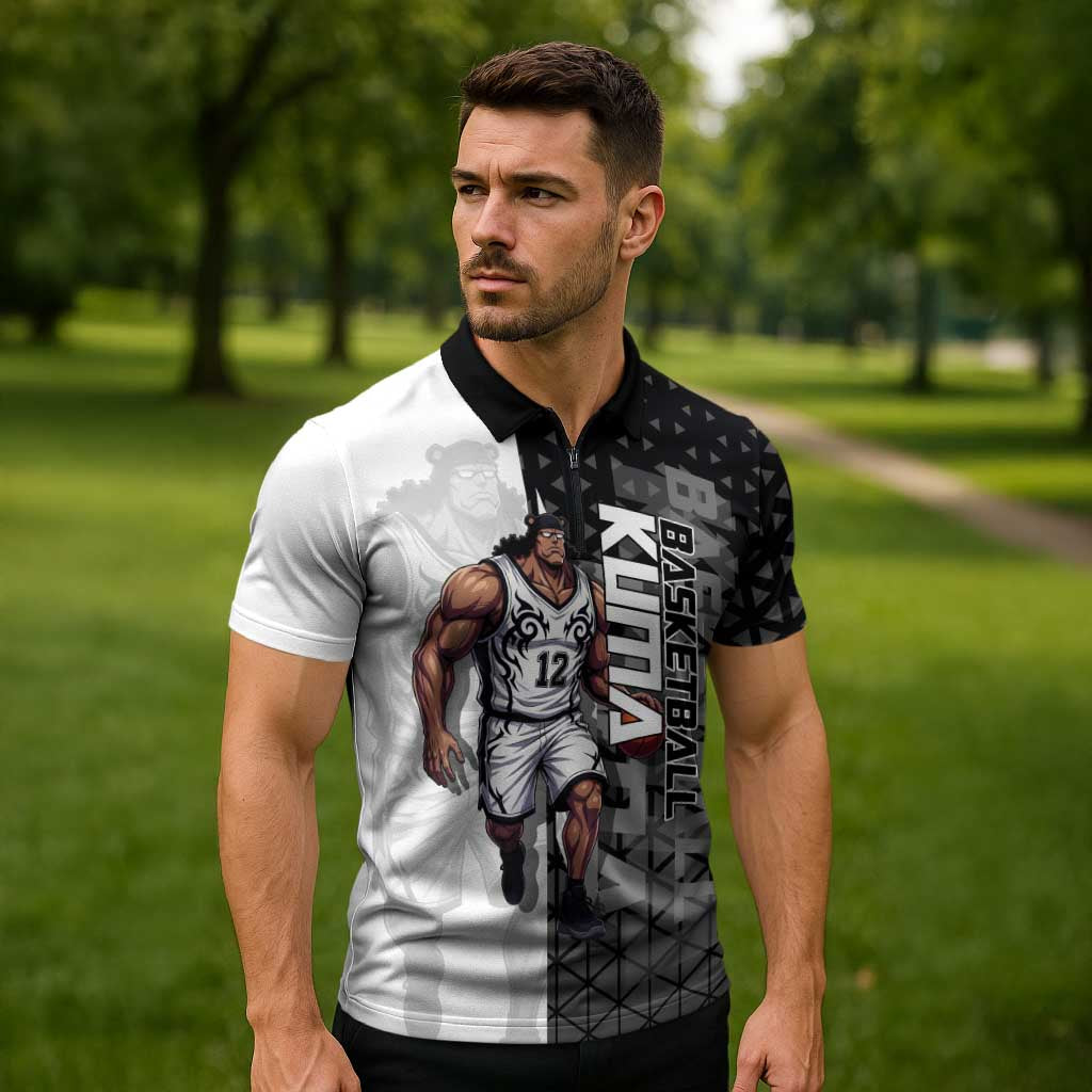 Bartholomew Kuma One Piece Basketball Crossover Design Zipper Polo Shirt with Monochrome Geometric Background and Dynamic Pose - The Mazicc
