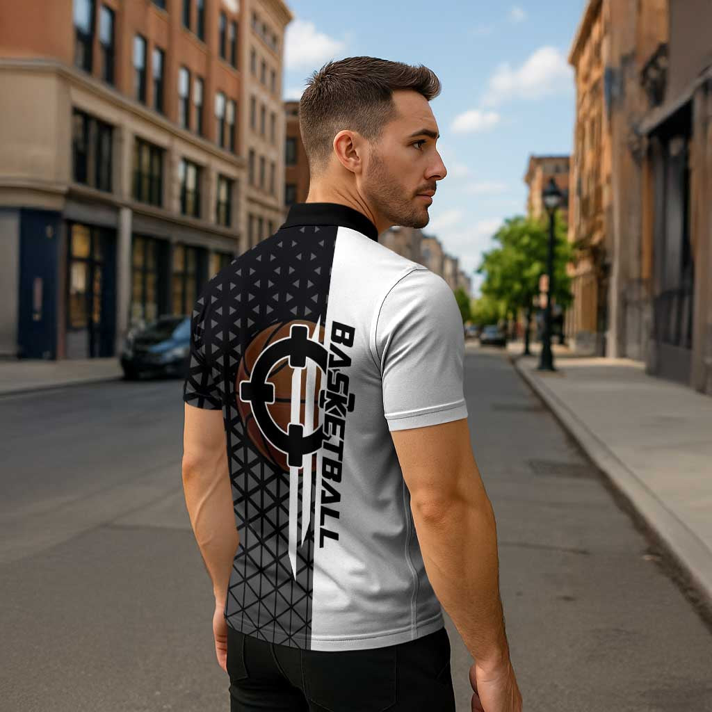 Bartholomew Kuma One Piece Basketball Crossover Design Zipper Polo Shirt with Monochrome Geometric Background and Dynamic Pose - The Mazicc