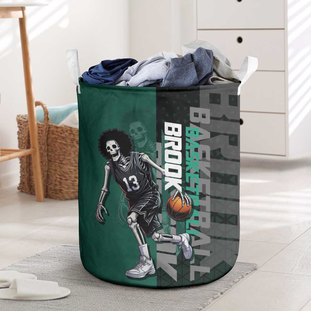 Brook One Piece Basketball Theme Green and Black Design Laundry Basket with Skull Emblem and Energetic Pose - The Mazicc