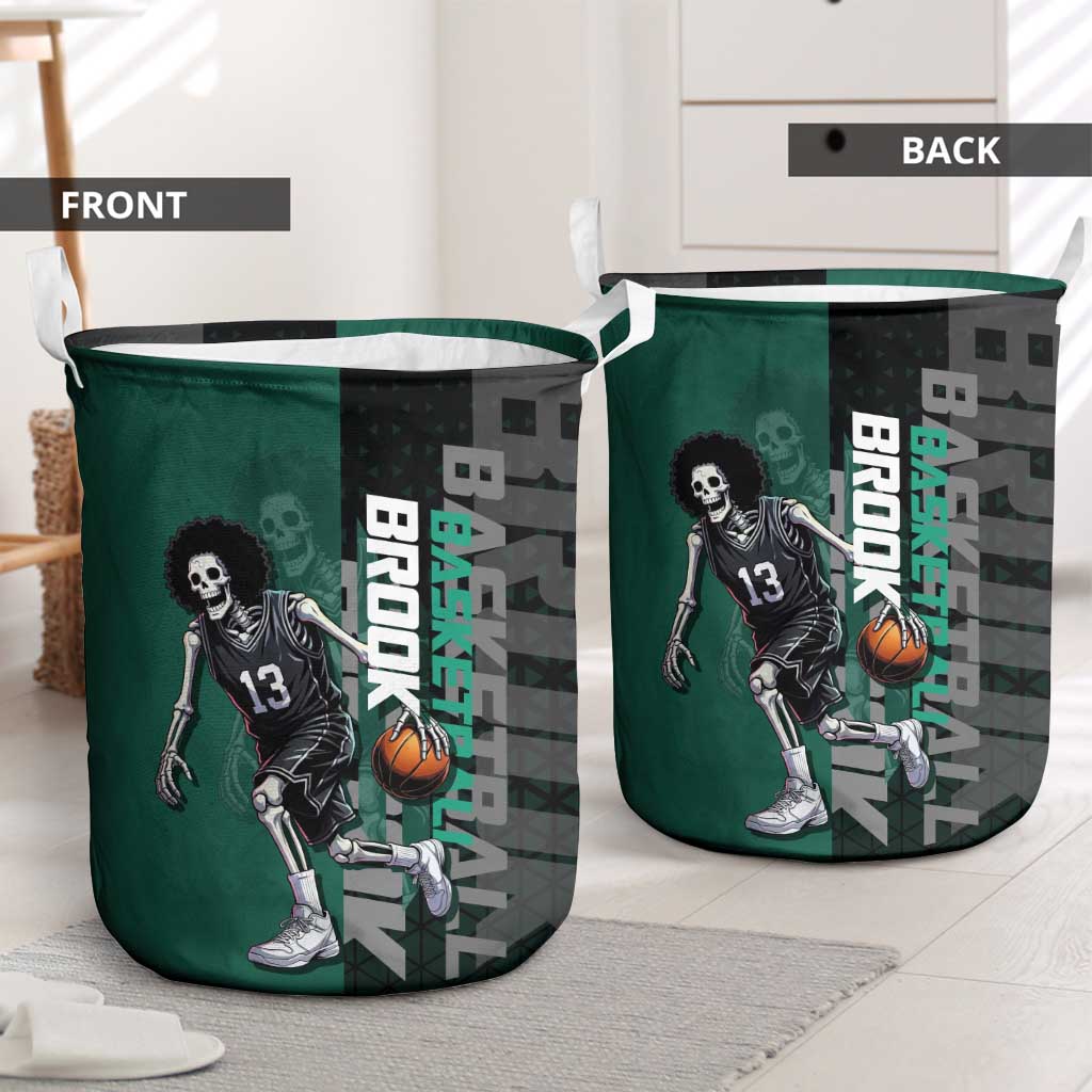 Brook One Piece Basketball Theme Green and Black Design Laundry Basket with Skull Emblem and Energetic Pose - The Mazicc