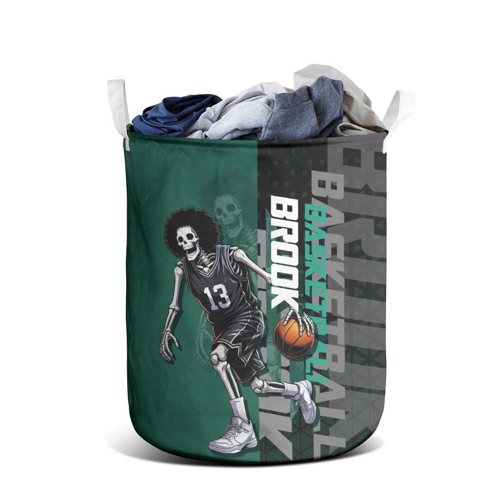 Brook One Piece Basketball Theme Green and Black Design Laundry Basket with Skull Emblem and Energetic Pose - The Mazicc