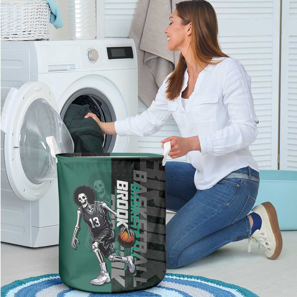Brook One Piece Basketball Theme Green and Black Design Laundry Basket with Skull Emblem and Energetic Pose - The Mazicc